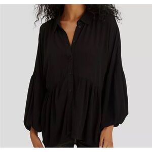 Sanctuary Unforgettable Balloon Sleeve Button-Up Shirt Black Sz S
